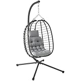 Outsunny Rattan Hanging Egg Chair, Foldable Wicker Hammock Swing Chair with Cushion, Stand, Adjustable Height, Head Pillow, Steel Frame for Garden Patio Indoor Outdoor, Light Grey