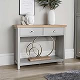 Home Source 2 Drawer Console Side Table Compact Sideboard Storage, Grey, Oak Effect