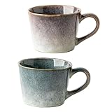 Coffee Mugs Set of 2 - Large Thick Stoneware Latte Couple Cups 12oz, Nonlead Vintage Pottery Soup Mug Microwave Dishwasher Safe