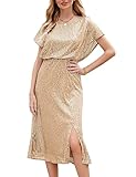 JASAMBAC Gold Dresses for Women Sexy Crew Neck Sequin Party Dress Sparkly Glitter Evening Dress S