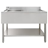 Catering Sink Stainless Steel Commercial Kitchen Restaurant Bar Utility Single Bowl Right Hand Drainer Free Standing Lower Storage Shelf Adjustable Feet Splashback 90 x 120 x 60cm Free Strainer Plug