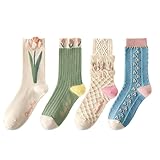 HAOXYO 4 Pairs Cute Ladies Slouch Frilly Socks - Womens Vintage Embroidered Floral Patterned Cotton Pop Crew Socks