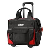 HAUTMEC 14.5" Rolling Tool Bag with Wheels, 25-Pocket Portable Tool Box Organizer with Water-Resistant Oxford Fabric, Wide-Mouth Design, Oversized Wheels & Telescoping Handle - HT0179