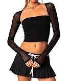 Coloquin Women Mesh Bolero Cardigan Long Sleeve Chiffon Bolero Shrug Sheer Cropped Cardigan for Dress Black M