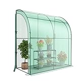 COSTWAY Walk in Greenhouse with 3-Tier Plant Stand, 200 x 100 x 215cm Lean-to Green House with PE Grid Cover, 2 Zipper Entry Doors, Steel Frame Garden Yard Growhouse