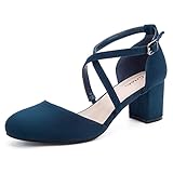 Greatonu Womens Court Shoes Mid Heel Chunky Dress Sandals Ladies Ankle Strap Wedding Party Pumps Blue Size 5
