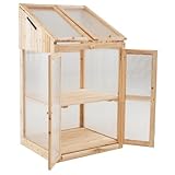 TANGZON Wooden Greenhouse, Transparent Polycarbonate Glazing Cold Frame with Flip-top Roof, 2 Doors & Removable Shelves, Outdoor Mini Plant Grow Green House for Garden Patio (69 x 58 x 121cm)