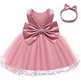 LZH Baby Girls Ruffle Lace Backless with Headwear,Bowknot Flower Dresses Pageant Party Wedding Pink