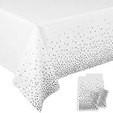 2Pcs White and Silver Dotted Confetti Party Table Cloth 54 * 108 inch Large Plastic Waterproof Table Cover Rectangular Tablecloth for Birthday,Baby Shower,Wedding,Picnic,Party Decoration