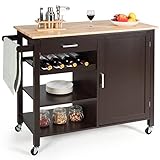 COSTWAY Rolling Kitchen Island, Kitchen Storage Trolley with Wine Rack, Adjustable Shelf, Tower Rack, Oak Wood Tabletop & Pine Wood Leg, Utility Serving Cart for Dining Room Restaurant (Espresso)