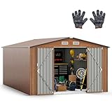TANGZON 12x8FT/14x10FT Metal Garden Shed, Outdoor Tool Storage House with Sloping Roof, Air Vents, Lockable Doors & Keys, Weatherproof Gardening Shed Box (14x10FT, Wood Grain Color)