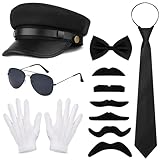 Vifcotlyp 6 Pcs Chauffeur Costume for Men and Women - Limo Taxi Driver Hat, Sunglasses, White Gloves, Fake Beard, Bow Tie, Necktie - 1980s Gangster Accessories for Cosplay Party