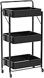 Storage Trolley Cart, 3 Tier Foldable Metal Rolling Organizer Cart with Casters, Mobile Utility Service Cart for Kitchen Bathroom Office Laundry (Black)