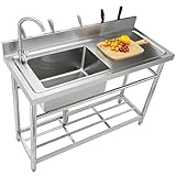 VEVOR Stainless Steel Utility Sink, Free Standing Single Bowl Commercial Kitchen Sink Set w/Workbench, 47 x 19.7 x 37.4 in Commercial Single Bowl Sinks for Garage, Restaurant, Laundry