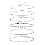 Lusofie 6 Pcs Silver Tone Chain Bracelets Set for Women - Adjustable Stackable Layered Link Bracelets | Boho Cuban Paperclip Chains Gift for Her