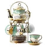 TeamSky 20Pcs Tea Cup Set with Metal Stand​ – Vintage Porcelain Tea Set for 6, Afternoon Tea Set, Includes 37 oz Tea Pot, 7 oz Teacup, Saucer, Perfect for Wedding Birthday Gift