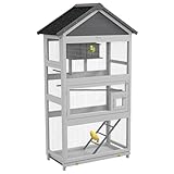 PawHut Wooden Bird Cage Budgie cage, Bird Aviary Outdoor Birdhouse for Finches, Parakeets - Grey