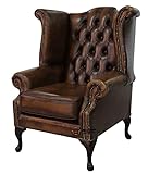 Chesterfield Queen Anne High Back Wing Chair Antique Tan Leather| Modern Leather Accent Club Chairs with Rolled Arms for Bedroom Reading Room Home Office| Upholstered Wingback Chair