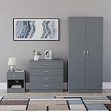 Vida Designs Riano 3 Piece Bedroom Furniture Set - 1 Drawer Bedside Chest, 4 Drawer Chest, 2 Door Wardrobe - Grey
