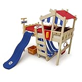 Wickey Children's bed, Crazy Hutty loft bed with blue slide 90 x 200 cm - red/blue cover