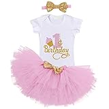 AmzBarley Cake Smash 1st Birthday Outfit Girl Baby Girls' Dresses 1 Year Old Girl Clothes Photo Shoot Romper + Tutu Skirt + Headband 3Pcs Set Pink