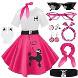 VillbeCoser 10Pcs Sock Hop Outfits Costume Women, 1950s Poodle Skirts, Poodle T-Shirt with 50s Accessories Set Scarf Headband Belt Socks Eyeglasses Earrings (Hot Pink-M)