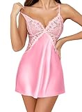 Lovasy Babydoll Lingerie for Women Lace Baby Dolls, Chemises & Negligees Satin Silk Nighties Nightdress Sexy Red Satin Lingerie Dress,Pink,S