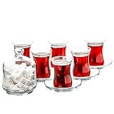 13 Pieces Turkish Tea Glasses Set Includes; Traditional Patterned 6 Glasses Tea Cups (115ml/4oz), 6 Saucers, and Sugar Bowl with Glass Cover (260ml/8.7 oz)