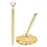 PATIKIL Hollow Round Pen Holder Signing Pen Set, Wedding Pen with Big Crystal Diamond and Pen Holder for Wedding Guests Book Engagement Opening Ceremony, Gold Tone