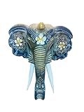 My Family House Elephant Wall Mask 20cm - Gold Flower Blue Grey Hanging Boho Wooden Hand Carved Art Fair Trade Hand Painted Animal African Safari Masks