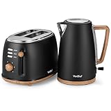VonShef Kettle and Toaster Set – Scandi 1.7L Rapid Boil Kettle 3000W & 2 Slice Wide Slot Toaster 850W with 6 Browning Controls, Matching Kitchen Set – Nordic Cream and Wood Accents - Fika Range
