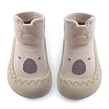 Exemaba Toddler Sock Shoes - Baby First Walking Shoes Soft Sole with Grips for Boys & Girls(Khaki Raccoon, Tag23/18-24 M)