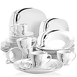 VEWEET 'Fiona' 30-Piece Dinner Set, Ivory White Black Lines Porcelain China Ceramic Combination Sets with Dessert Plates/Soup Plates/Dinner Plates/Cups/Saucers, Service for 6