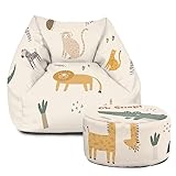 rucomfy Beanbags Snuggle Kids Bean Bag Chair - Small Armchair Beanbag Seat - Childrens Bedroom Furniture for Boys and Girls - Arrives with Filling - 50 x 46 x 48cm (Safari Friends, Matching Footstool)