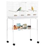 PawHut Bird Cage with Divider, Parrot Cage with 4 Wooden Perches, Slide Out Tray, 4 Feeders and Wheeled Stand, for Budgie, Lovebird, Canary, Finches, 76 x 46 x 116cm, White