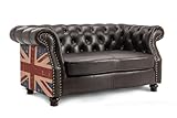 Lovesofas Luxury Chesterfield PU Leather 2 Seater Sofa with British Union Jack Flag Fabric Print – 162 CM Wide Vintage Brown Living Room Gentlemen’s Club Couch, Deep Tufting, Solid Wood Frame & Legs