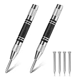 Automatic Center Punch,2 Pack Heavy Duty Spring Loaded Center Punch,Heavy Duty Automatic Center Punch,Adjustable Tension Center Punch Tool with Two Replacement Tips,for Metal,Glass,Wood,DIY