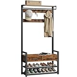 VASAGLE Hall Tree with Bench and Shoe Storage, Hallway Coat Rack with Shoe Bench, 2 Fabric Drawers, 10 Hooks, 30 x 80.4 x 181.6 cm, Vintage Brown and Ink Black HSR429B01