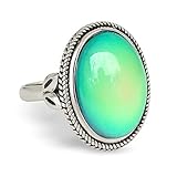 FUN JEWELS Vintage Style Antique Silver Plating Brass Oval Stone Color Change Mood Ring Size Adjustable