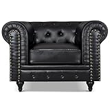 Bravich Leather Chesterfield Armchair- Black. Single Seater Arm Chair, Faux Bonded Leather Vintage Couch. Living Room Furniture, Easy Clean. Single Seater- 110cm x 90cm x 78cm.