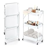 NTEK White 3 Tier Foldable Storage Trolley Cart | Foldable Rolling Carts | Trolley with Locking Wheels