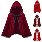 Unisex Gothic Lace Cape - Medieval Hooded Short Cloak Mens Womens Steampunk Velvet Cape,Victorian Lace Up Poncho Renaissance Ruffled Cloaks Halloween Cosplay Costume Christmas Red Robe
