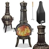 GARDEBRUK® Chiminea Cast Iron Patio Stove with Cover & Poker | La Hacienda Mexican Log Burner | Outdoor Garden Fire Pit | Terrace Fireplace | Wood Burning | Brazier Heater 28kg 112cm Black