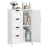 VASAGLE Bathroom Floor Storage Cabinet, Wooden Storage Unit with 4 Drawers, Single Door, Adjustable Shelf, for Living Room, Kitchen, Entryway, White LHC41W