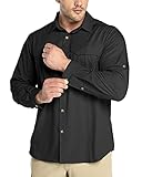 Outdoor Ventures Men's Shirts Safari Shirt Roll-Up Sleeve UV Shirts Quick Dry Lightweight Hiking Shirt with Pockets for Walking Fishing Travelling Black XL