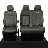 UK Custom Covers To Fit VW Crafter (2006-2017) Tailored Leatherette Front Seat Covers with 'Crafter' Embroidery (Single/Double WITH Pull Down Tray) Black - SC834B