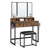 VASAGLE Dressing Table with Mirror and Stool, Vanity Table with Tri-Fold Mirror, 3 Drawers, Hair Dryer Holder, Makeup Desk, Industrial Style, Rustic Brown and Black RVT004B01
