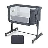 COSTWAY 3-in-1 Baby Bedside Crib, Easy Folding Cot Bed with Mattress, Breathable Mesh Window, Lockable Wheels and Travel Bag, Height Adjustable Newborn Sleeper for Birth to 9kg (Grey)