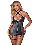 Latex Lingerie for Women Sets Wet Look Sleeveless Cross Front Babydoll Mini Dress with Thigh Cuffs Plus Size Lingerie Uk Latex Dress Bodycon Clubwear Babydoll Backless Nightwear Skirt Outfit Black