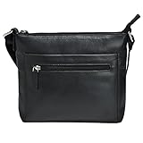 Grains & Tan Real Leather Crossbody Handbag for Women Vintage Designer Tote Ladies Soft Shoulder Bags Travel Hand Bag Classic Clutch Long Adjustable Strap Pure Girls Multiple Pockets- Soft Black